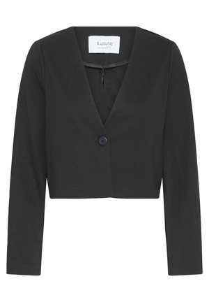 Blazer noir court à manches longues, col en V profond, fermeture à un bouton sur le devant, avec une étiquette à l'intérieur du col.