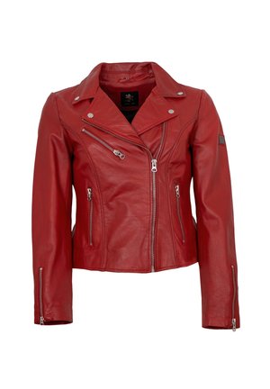 Red leather biker jacket with a notched collar, zippered front, and side pockets. Features silver hardware and a fitted design.