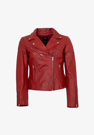 Rote Leder-Bikerjacke mit Reverskragen, Reißverschluss vorne und Seitentaschen. Mit silbernen Beschlägen und tailliertem Schnitt.