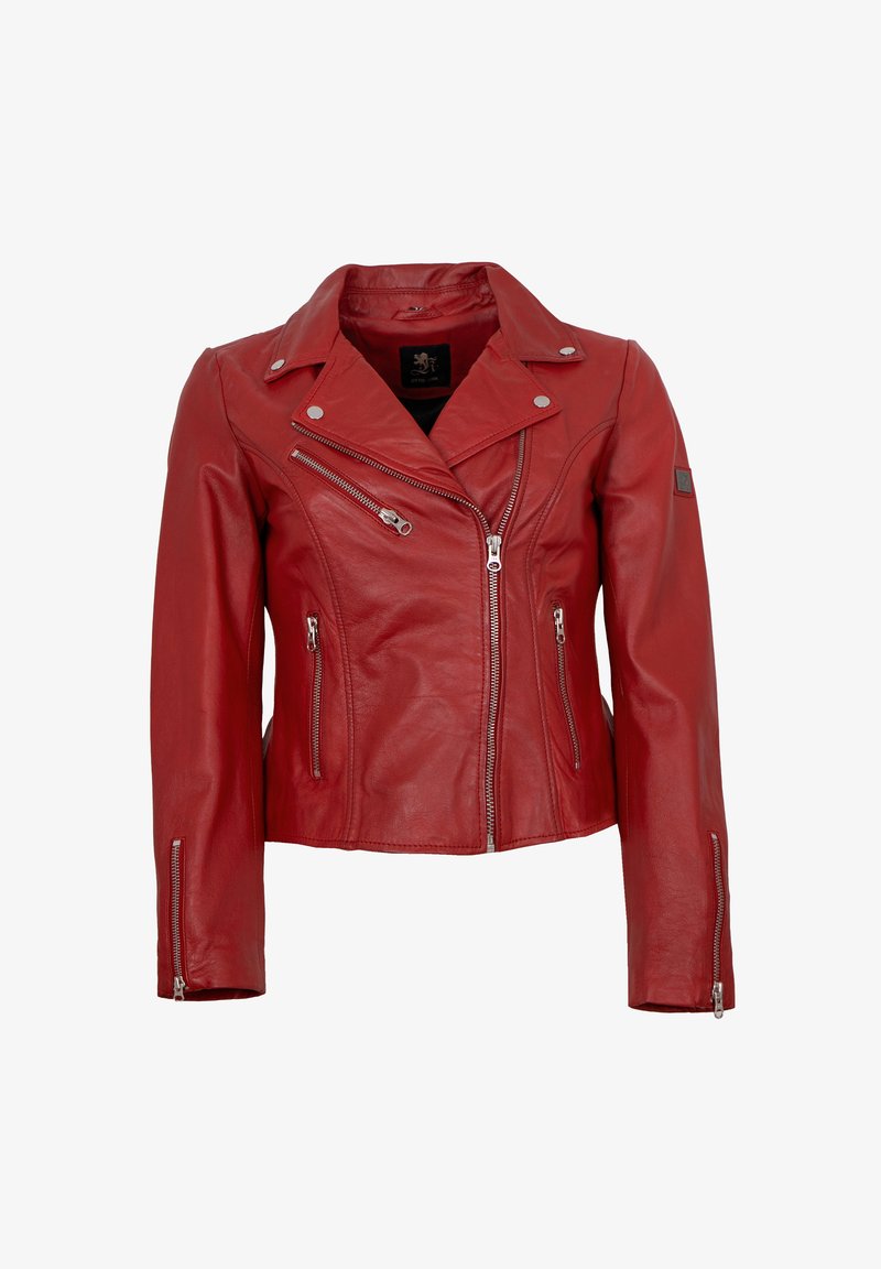 Rote Leder-Bikerjacke mit Reverskragen, Reißverschluss vorne und Seitentaschen. Mit silbernen Beschlägen und tailliertem Schnitt.