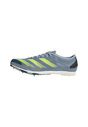 Running shoe with a lightweight gray mesh upper, neon yellow stripes, and a white sole. Features spikes for traction and a textured finish.