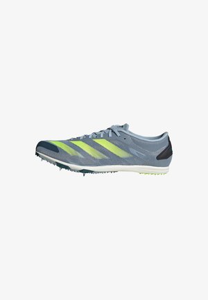 Running shoe with a lightweight gray mesh upper, neon yellow stripes, and a white sole. Features spikes for traction and a textured finish.