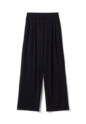 Pantalones negros de pierna ancha con cinturilla elástica y bolsillos laterales, hechos de tela suave y fluida, adecuados para uso casual o formal.