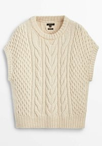 Chunky gräddfärgad tröja med kabelstickat mönster, korta ärmar och ribbad nederkant. Tillverkad av ett mjukt material med en strukturerad yta.