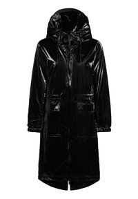 Parka longue noire brillante imperméable avec une fermeture éclair frontale, une grande capuche, des poignets élastiques et deux poches avant à rabat.