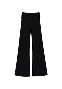 Pantaloni neri a gamba larga con vita arricciata, realizzati in tessuto morbido ed elastico. Presentano un design fluido e gambe a lunghezza intera.