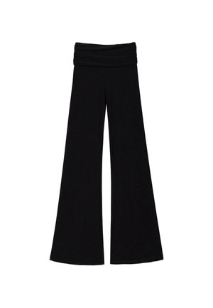 Pantalones de pierna ancha negros con cintura fruncida, hechos de una suave tela elástica. Presentan un diseño fluido y piernas de largo completo.