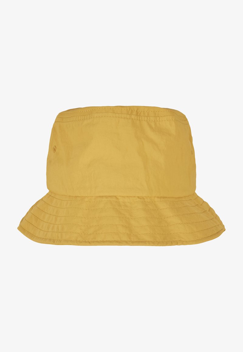 Yellow bucket hat made of lightweight fabric, featuring a wide brim, textured surface, and stitched detailing along the edge.