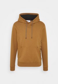 Sweat à capuche marron en tissu doux, avec une poche avant, des poignets élastiques et un logo imprimé sur le côté.