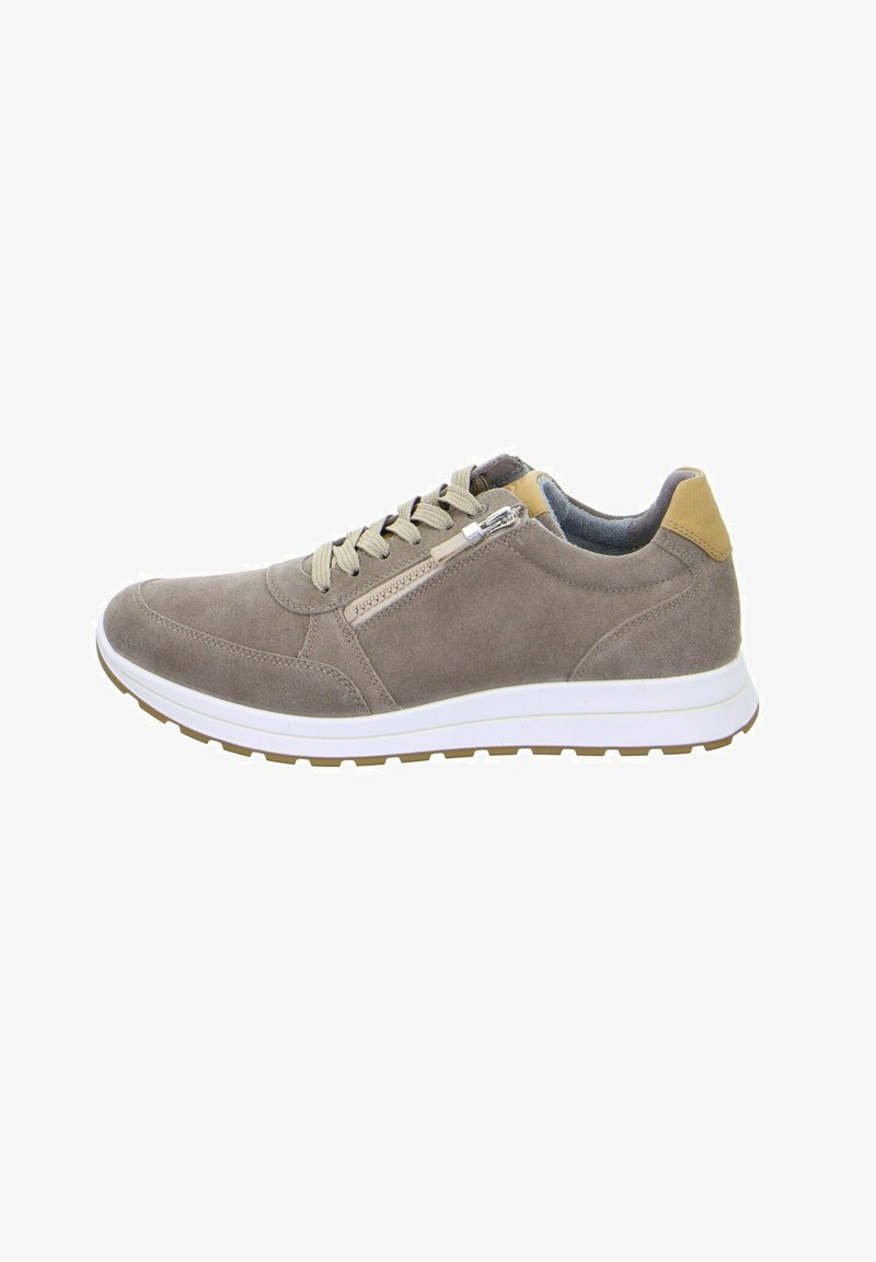 Baskets pour hommes en suede gris avec une semelle en caoutchouc blanc. Comprend une fermeture éclair sur le côté, un talon marron clair contrastant et des lacets assortis.