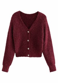 Burgundy lyhyt neuletakki, jossa on V-pääntie, pitkät hihat, pörr�öinen pinta ja viisi pyöreää, kukkakuosisella napilla edessä.