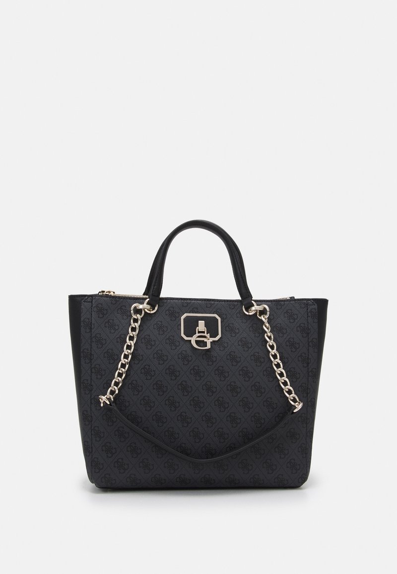 Sac fourre-tout noir de créateur avec logo à motif, bandoulière chaîne dorée, double poignées courtes et détail de fermoir doré central.
