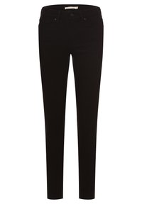 Jeans skinny de mezclilla negra con una cintura de altura media, diseño de cinco bolsillos y costuras tonales. Textura suave, silueta ajustada.