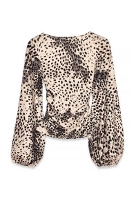 Lange mouwtop van een zachte, gestructureerde stof met een luipaardprint in beige en zwart, met een geplooide achterkant en elastische poften mouwen.