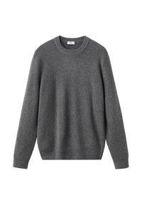 Ciemnoszara, ribbed, dzianinowa bluza z okrągłym dekoltem, z długimi rękawami i dopasowanym dołem, wyeksponowana na białym tle.