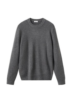 Suéter de punto acanalado en gris oscuro, con cuello redondo, mangas largas y dobladillo ajustado, presentado de forma plana sobre un fondo blanco.