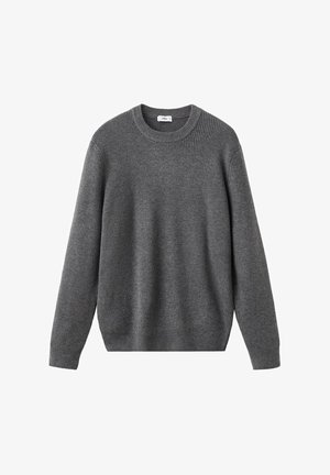 Ciemnoszara, ribbed, dzianinowa bluza z okrągłym dekoltem, z długimi rękawami i dopasowanym dołem, wyeksponowana na białym tle.
