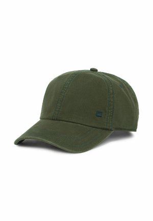 Casquette de baseball vert olive avec visière incurvée et panneaux cousus, présentée sur fond blanc.
