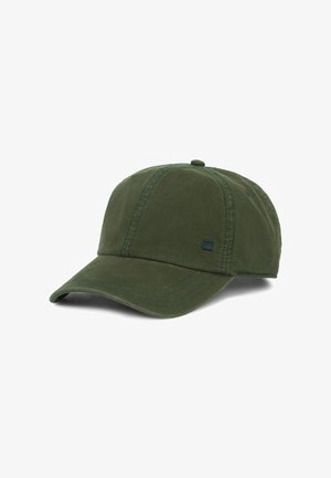 Olijfgroene baseballpet met gebogen klep en gestikte panelen, weergegeven op een witte achtergrond.