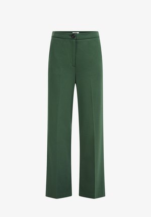 Grüne weite Hosen mit glatter Textur, ausgestattet mit einem Brustverschluss, Gürtelschlaufen und zwei seitlichen Taschen.