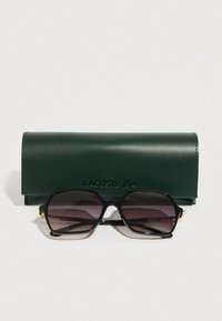 Czarne okulary przeciwsłoneczne z gradientowymi soczewkami, złote akcenty na zausznikach, umieszczone w ciemnozielonym skórzanym etui z tłoczonym logo.