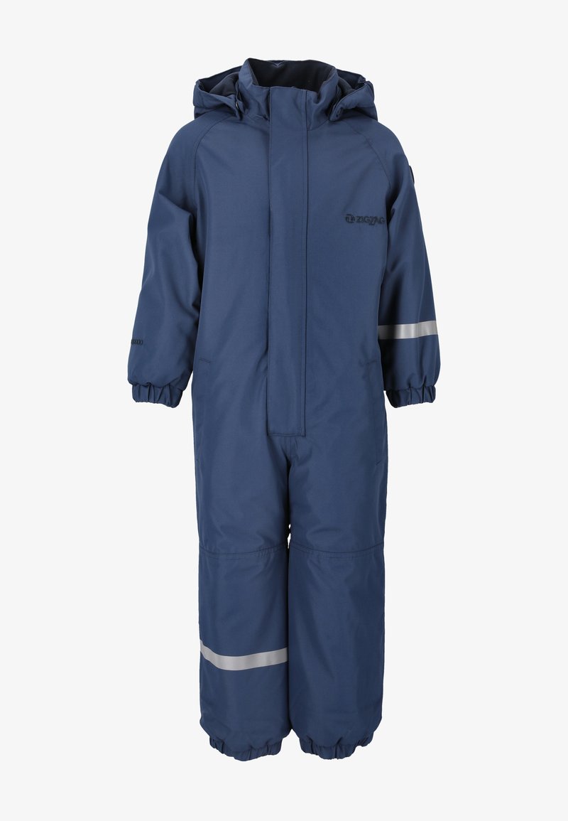 Marineblauwe waterdichte overall met capuchon, elastische manchetten en reflecterende strepen op de mouwen en benen. Glad textuur, geen patronen.