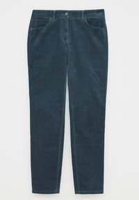 Mörkblå kordbyxor med slim fit, som har fem fickor, knappstängning och texturerad tyg.