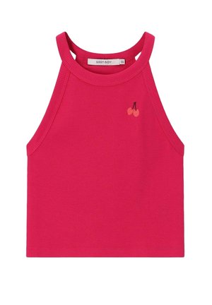Felroze mouwloze crop top met hoge hals en klein geborduurd kersicoontje op de linkerborst.