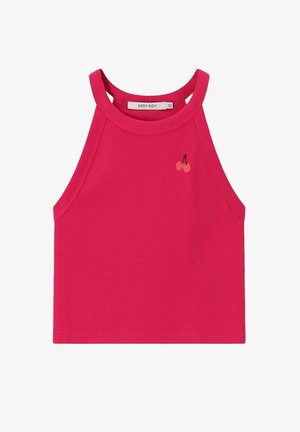 Crop top sans manches rose vif avec col montant et petite icône cerise brodée sur le côté gauche de la poitrine.