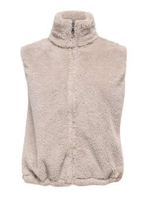 Beige Fleeceweste mit hohem Kragen, Frontreißverschluss und elastischem Saum. Weiche, plüschige Textur ohne Ärmel für einfaches Übereinanderziehen.