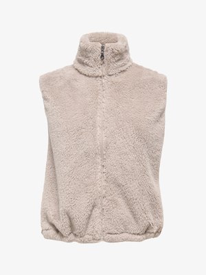 Bēšas krāsas flīsa veste ar augstu apkakli, priekšā rāvējslēdzēja aizdare un elastīgu apakšmalu. Mīksta, pūkaina tekstūra bez piedurknēm, vieglai kārtu veidošanai.