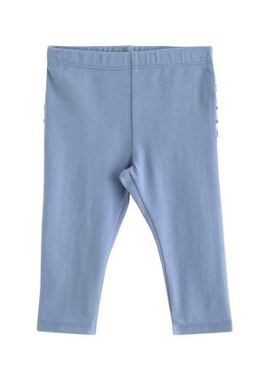 Lyseblå leggings til småbørn med elastisk taljebånd, lavet af blødt, strækbart stof, vist forfra på hvid baggrund.