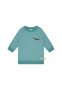 Türkise Sweatshirt mit langen Raglanärmeln, versehen mit einer braunen Dackel-Stickerei auf der Brust sowie einem gerippten Saum und Bündchen.