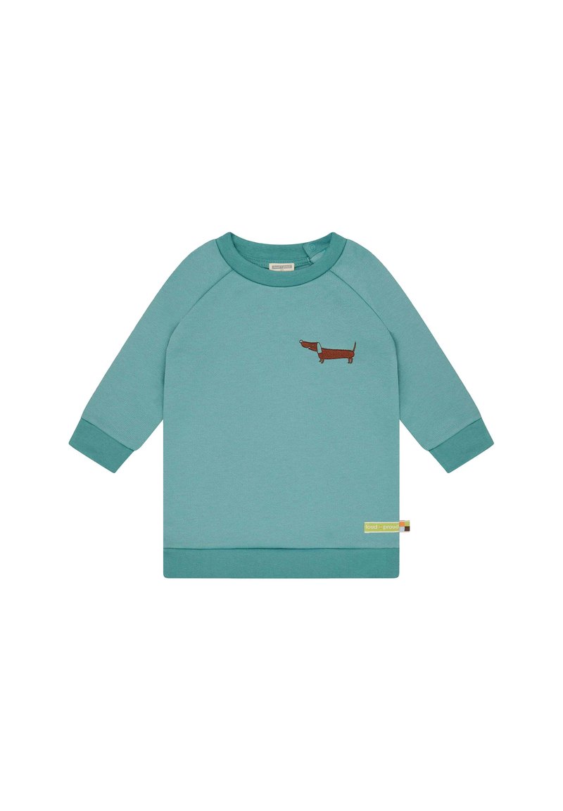 Türkise Sweatshirt mit langen Raglanärmeln, versehen mit einer braunen Dackel-Stickerei auf der Brust sowie einem gerippten Saum und Bündchen.