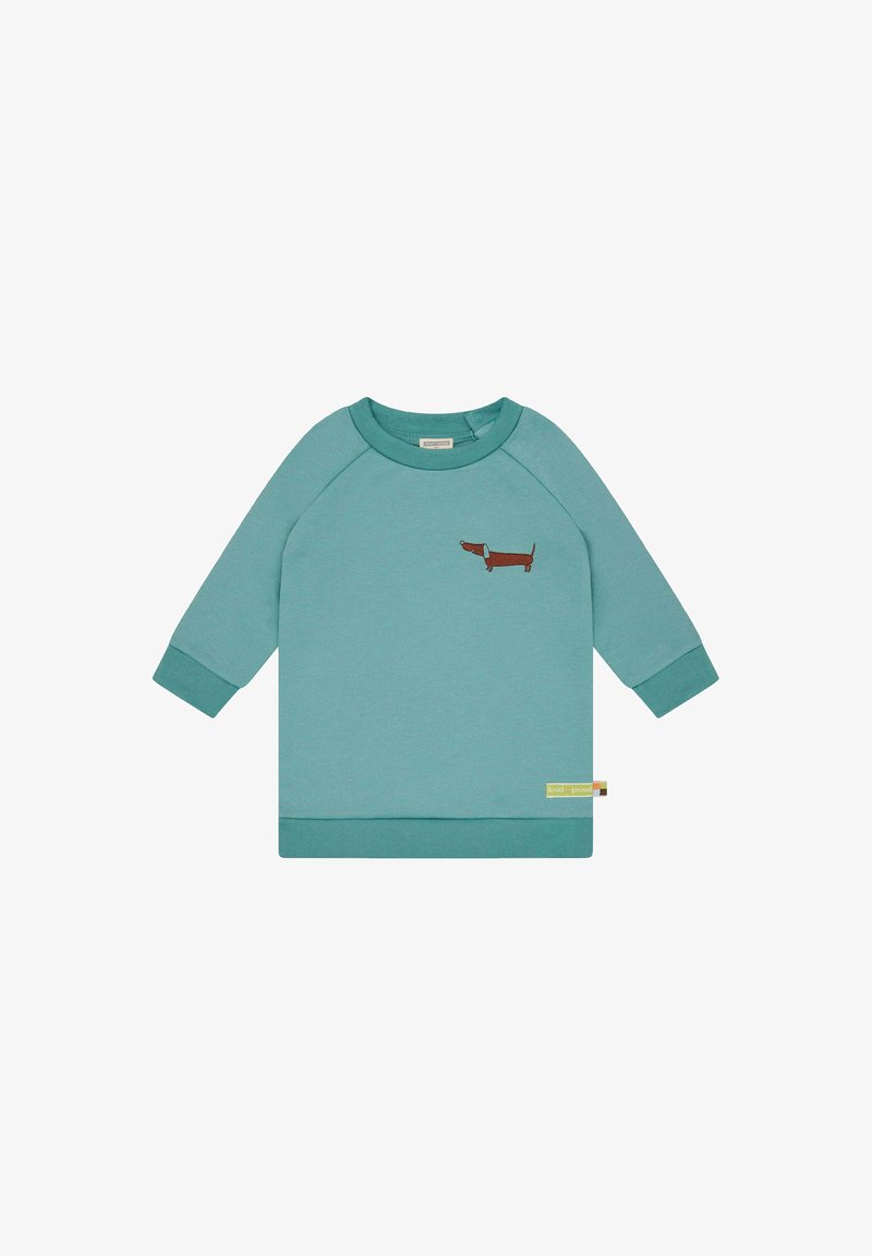 Türkise Sweatshirt mit langen Raglanärmeln, versehen mit einer braunen Dackel-Stickerei auf der Brust sowie einem gerippten Saum und Bündchen.