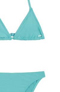 Türkisfarbenes Bikini-Set mit dreieckigem Bralette und passendem Höschen. Hergestellt aus weichem, dehnbarem Material mit verstellbaren Trägern und subtilen Raffungen.