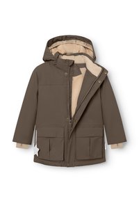 Braune wasserdichte Jacke mit beigem Fleece-Futter, großen Fronttaschen und Kapuze. Mit Druckknöpfen und einem sternförmigen Anhängerdetail.