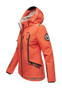 Orange softshell jacket with black accents, hood, zippered pockets, and logo patch on the sleeve. Smooth texture and athletic fit.