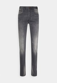 Jeans slim-fit in denim grigio, con una texture sbiadita, piccoli dettagli rovinati, cinque tasche e chiusura con bottone.