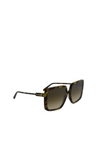 Okulary przeciwsłoneczne w stylu żółwi, z kwadratowymi oprawkami, gradientowymi soczewkami i cienkimi zausznikami z logo. Wykonane z trwałego plastiku.