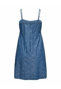 Robe sans manches en denim bleu avec fines bretelles réglables et petits motifs paisley clairs dispersés sur le tissu.