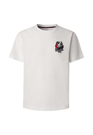 Biały bawełniany t-shirt z grafiką psa w czerwonym szaliku, napisem „Pepe Jeans London” oraz małym, vintage'owym emblematem na piersi.