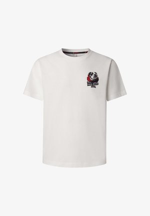 Biały bawełniany t-shirt z grafiką psa w czerwonym szaliku, napisem „Pepe Jeans London” oraz małym, vintage'owym emblematem na piersi.