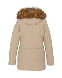 Giacca imbottita beige con cappuccio in pelliccia sintetica removibile. Presenta cuciture orizzontali, maniche lunghe e una vestibilità leggermente affusolata.