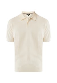 Krämfärgad polo skjorta i textilier med struktur, med två knappslå och en kontrasterande krage. Korta ärmar. Inga mönster.