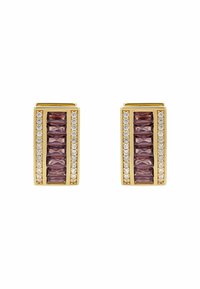 Guldtonade rektangulära örhängen med en rad av lila baguettstenar omgivna av små klara kristaller i kanterna.