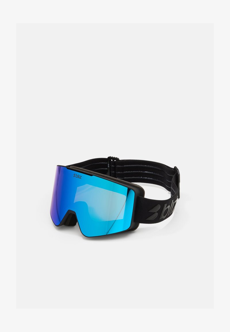 Ski prillid suurte, ümbermugandavate disainiga ja peegelsiniste objektiividega. Must rihm tekstureeritud pinnaga ja logodetailiga. Kerge materjal.