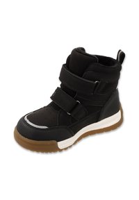 Czarne sportowe buty sięgające kostki z rzepami, teksturowanym wierzchem, białymi i szarymi akcentami oraz gumową podeszwą. Gruby design z wyściełanym kołnierzem.