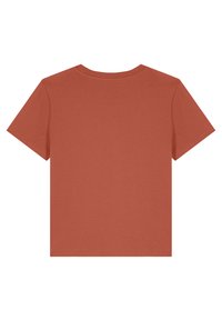 T-shirt couleur rouille avec un col rond classique et des manches courtes. Fabriqué en tissu doux, il présente un dos uni sans graphiques ni embellissements.