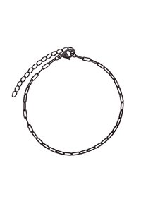 Collana in metallo nero con maglie ovali allungate, dotata di chiusura a gancio e catena di estensione regolabile per personalizzare la lunghezza.
